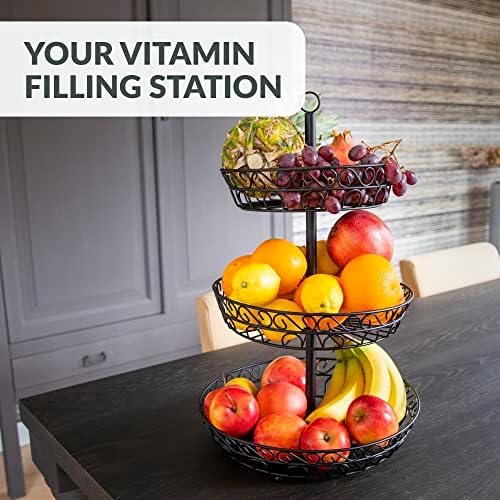 Chefarone 3 Tier Fruit Bowl - Countertop Metal Fruit Basket - Black Fruit Bowls Vintage Style (34 x 34 x 52 cm)
