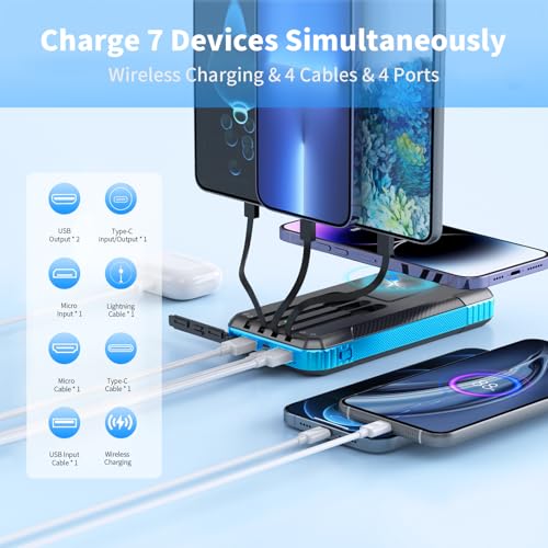 DJKK Solar Power Bank Wireless Charger 33800mAh Built in 4 Cables and LED Camping Lights 22.5W Fast Charging Power Bank 7 Outputs 4 Inputs Portable Charger Compatible with All Mobile Devices (Blue)