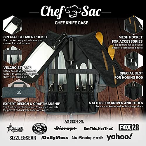 Chef Knife Roll Bag Travel Case | 8 Pockets For Knives & Tools | 2 Flaps With Cleaver & Mesh Pocket | Honing Rod Slot | Chef Knife Case For Professional & Students | Knives Not Included (Denim Grey) #TOP1
