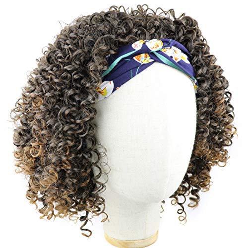 Flandi Headband Wigs Natural Looking Afro Curly Wigs for Black Women None Lace Deep Curly Headband Wigs Short Curly Synthetic Headband Wigs for Women Wigs with Headbands for women (T1B/30#)