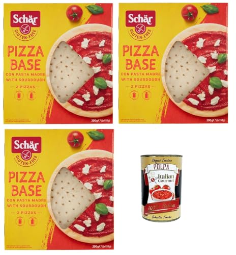 Italian Gourmet Bundle - Base para pizza sin gluten (3 x 300 g + Polpa italiana gourmet gratis, sin gluten, base para pizza con levadura, sin lactosa, sin trigo, masa de pizza lista, crujiente para