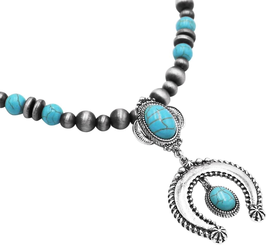 Rosemarie & Jubalee Women's Unique South Western Cowgirl Chic Natural Howlite Squash Blossom Necklace Earrings Set, 18"+3" Extension