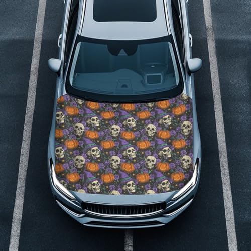 Image of Car Hood Cover Witch Hat Skull Print Car Hood Protector Waterproof Universal Automotive Exterior Accessories Halloween Decorations for Compact Vehicles Sedans Trucks SUVs Pickup (59x39 Inch)