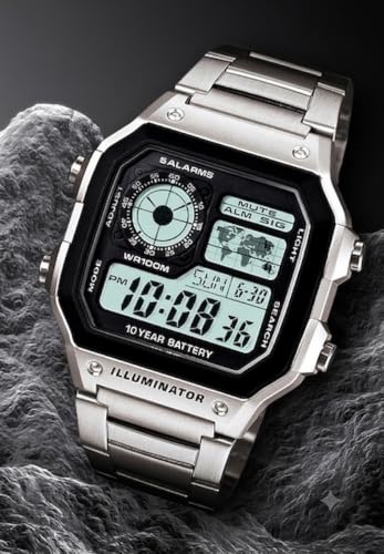 Image of Youth Digital Watch D099 AE-1200WHD-1AVDF for Men & Boys, Black Digital Dial with Silver Metal Strap, Multifunction Display, World Time Style