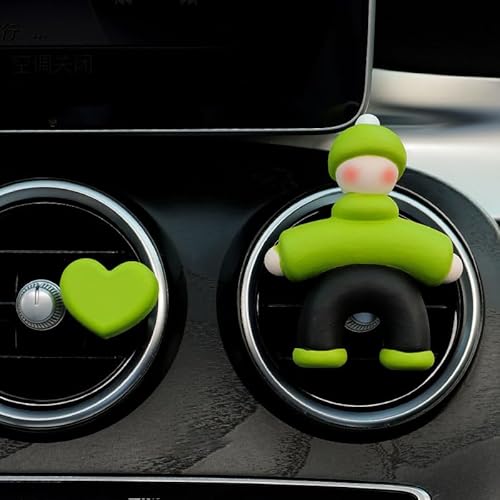 ミニカーエアベントクリップ、アロマストーンディフューザー、エアコン装飾クリップ、車用芳香剤、フレグランスディフューザーエアアウトレットクリップ、芳香器車内美的アクセサリー【精油10ml】ピンクオレンジ緑の帽子と黒いズボン、緑のハートのフィギュア