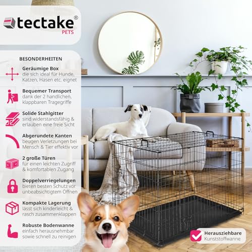 tectake® Hundekäfig, Hundegitter Box, Dog Kennel, Hundebox faltbar, Transportbox stabil, für Hunde und Welpen, für Kofferraum, Auto, Camping und Zuhause, Wohnung - 108 x 71 x 76 cm