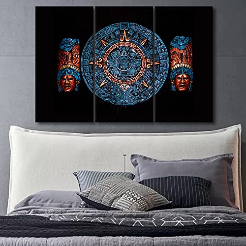 Multi Panel Black Wall Art Aztec Calendar Pictures Mayan Culture Poster Aztec Buddha Sculptures Paintings On Canvas Home Modern Decor Ancient Mexican Artwork Giclee Framed Ready To Hang, 36"Wx24"H #TOP2