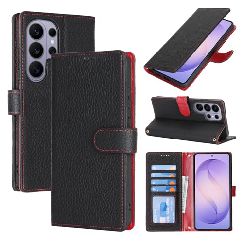 Image of SailorTech Case for Samsung Galaxy S26 Ultra Genuine Leather Case with Card Holder, Flip Folio Wallet Case with Card Slots, Kickstand Phone Case for Samsung S26 Ultra Purse Case - Black and Red