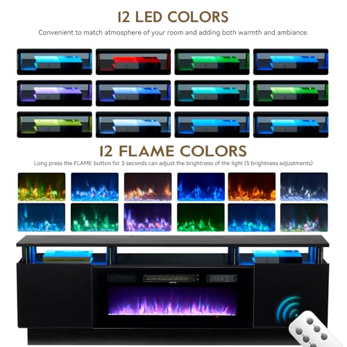 70" TV Stand for Living Room, Modern Entertainment Center & Media Console, Fits TVs up to 80", Storage Cabinet with Shelves, 36" Electric Fireplace with LED Flame (All Black) - Image 5