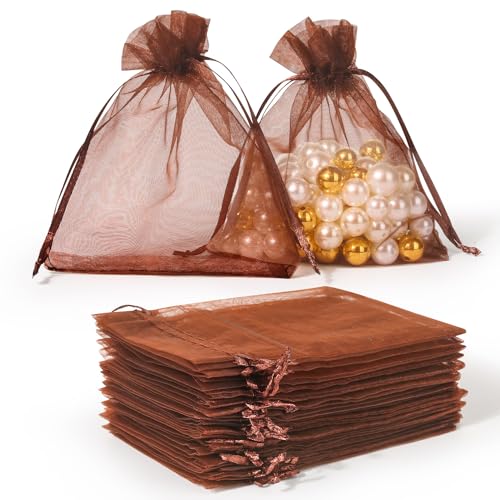 Image of Hopttreely 100PCS Sheer Organza Bags, 4x4.72 Brown Satin Drawstring Organza Jewelry Pouch Wedding Party Favor Gift Bag