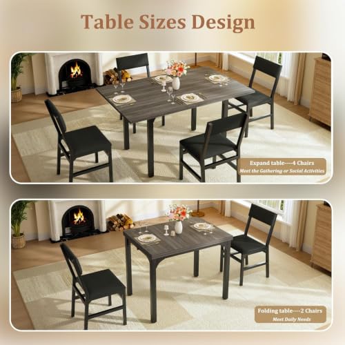 Image of HUAHUU 5-Piece Dining Table Set for 4, Extendable Kitchen Table Set with 4 Upholstered Cushion Chairs, Rectangle Table with Metal Frame & MDF Board, Folding Space-Saving for Small Apartment, Gray