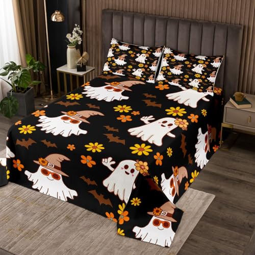 Manfei Cute Ghost Bedspread King Size, Yellow Flower Bats Coverlet Set for Kids Girls Room Decor, Halloween Ghosts Black Quilted Coverlet with 2 Pillowcases, Soft Polyester Bedding Quilt