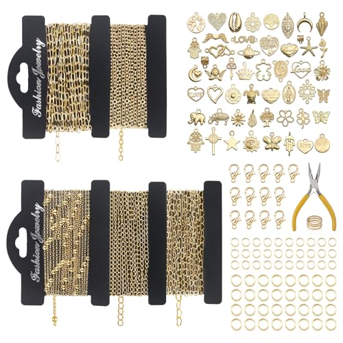 Ecoofor 14k Gold Necklace Chain for Jewelry Making 16.6 Feet Total (5 Rolls) DIY Bracelet Chains with 300 Jump Rings 50 Lobster Clasps 1 Jewelry Pliers 1 Support Ring and 50 Pendants