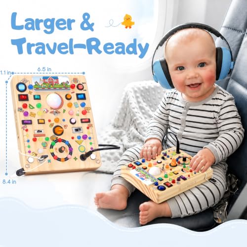 Image of Busy Board with LED Light Switches, Montessori Toys for 1 2 3 Years Old, Toddlers Wooden Toy Sensory Activity Board, Travel Toys for 1+ Year Old Boy & Girl Birthday Gift (School 19 Switches)