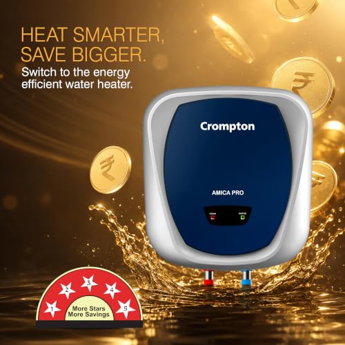 Image of Crompton Amica Pro 10L 5‑Star Storage Water Heater (Geyser) | Glassline Tank for Hard Water | Free Installation | 8 Bar High‑Rise Pressure | 5‑Level Safety | Rust‑Proof Body | 2kW Fast Heating