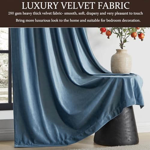 Image of PRIMROSE 100% Full Blackout Velvet Curtains, Set of 2, Stone Grayish Blue, 52 inchW x 63 inchL (Pack of 2), Living Room, Bedroom