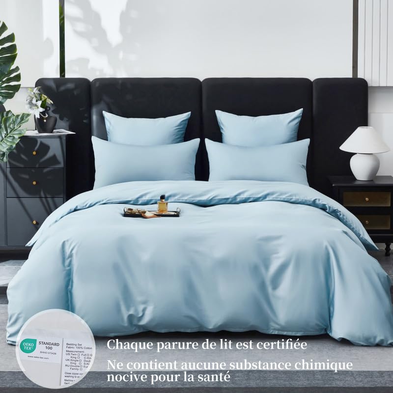 Gezu - Funda nórdica de 200 x 200 cm, satén de algodón, 100 % algodón, seda sedosa, brillante, juego de cama de algodón de fibra larga, ropa de cama con cremallera y 2 fundas de almohada de 65 x 65 cm