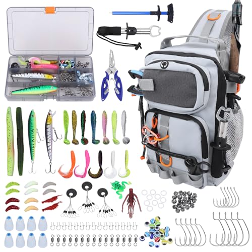 Fishing Backpack with Tackle Boxes,Waterproof Fishing Shoulder Bag with Rod Holder,Fish Sling Bag with Fishing Lures Kit,Fish Hook Remover Tool,Fish Lip Gripper,Fishing Plier,Gifts for Men (Gray)
