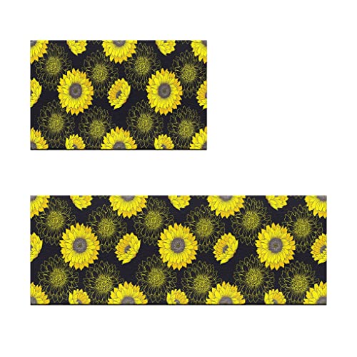 Chiinvent Black Sunflower Kitchen Rug Set Of 2 Non-Slip Kitchen Floor Mat Cushioned Standing Rugs Runner Anti Fatigue Cushioned Comfort Mats Waterproof 17.3 X 28+17.3 X 47 Inches Yellow #TOP11