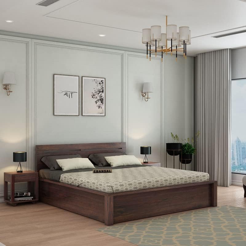 Image of Solid Wood King Size Bed for Bedroom | Wooden Crafted from Premium Sheesham Wood | Bedroom Furniture Elegant Double Bed with Storage | Walnut Finish (83.5x77x35 Inches)