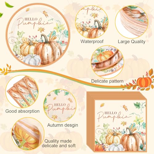 Image of Funnymoom 452 Pcs Hello Pumpkin Thanksgiving Fall Party Supplies for 50, Thanksgiving Pumpkins Paper Plates Napkins Cups Tablecloth Cutlery Straws for Autumn Harvest Birthday Baby Shower Decorations