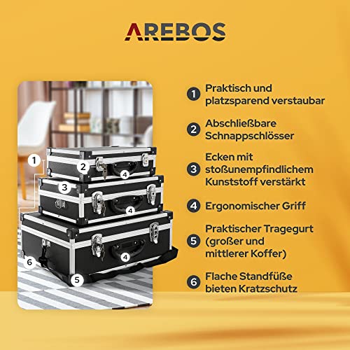 Arebos 3er Set Transportkoffer | 50 L Gesamtvolumen | abschließbar | mit Tragegurt und Schloss | universal als Transportbox geeignet | Werkzeugbox Aufbewahrungskoffer Moderationskoffer