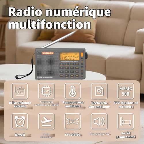 XHDATA R-108 Radio Portable Multibande FM/LW/MW/SW/Airband Récepteur DSP à Ondes Courtes avec Écran LCD Rétroéclairé Haut-Parleur Puissant Réveil Minuterie Sommeil Gris – vue 2