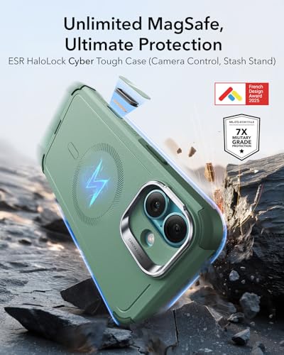 Image of ESR for iPhone 16 Plus Phone Case with Stand, 23ft Military-Grade Drop Protection with Camera Control, Shock-Absorbing Rugged Cover, Compatible with MagSafe Accessories, Cyber Series, Light Green