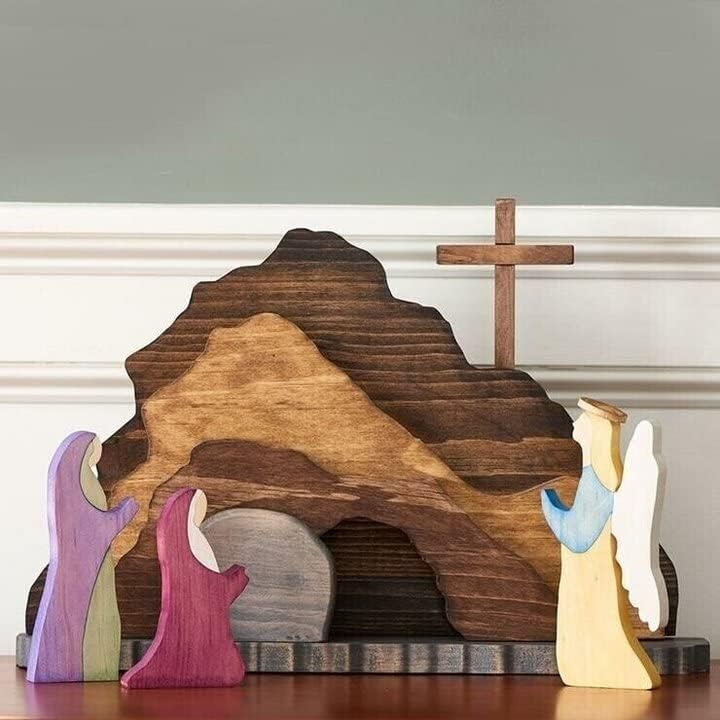 Easter Scene Wooden Decorations for The Home, The Empty Tomb Easter Scene and Cross Resurrection Scene Set Gift, Religious He is Risen Rustic Cross Christian Spring Decor