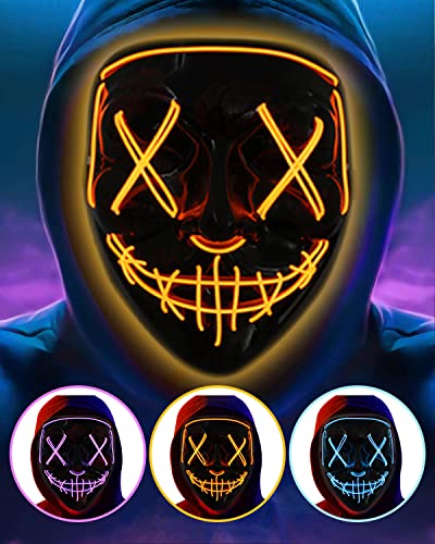 Mascara LED Halloween, la Purga Mascara LED, Halloween Purge Mask 3 Modos de Iluminación, Brilla en la Oscuridad Mascara la Purga LED para DecoracióN de Disfraces de Fiesta de Carnival (naranja) Cover