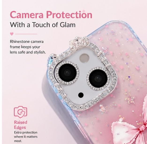 Image of mobistyle Designed for iPhone 13,Cute Sparkling Bow Pattern Camera Protection Back Cover Case for Women Girls | iPhone 13,Pink |