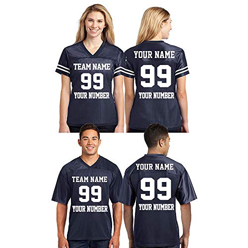 CRAZYDAISYWORLD Customized Football Jersey Short Sleeve T-Shirt - Your Own Personalized 2 Side Custom Jersey Men & Women - V-Neck Football Jersey Shirt Large Navy Blue - Women