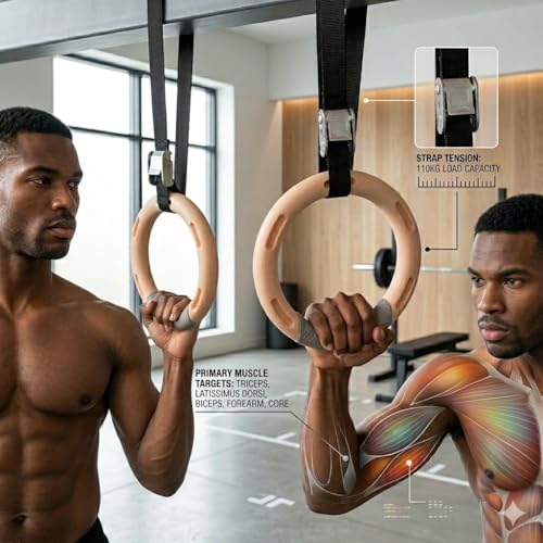 Image of Leosportz Gymnastics Rings with Straps for Men Women | Anti-Slip Textured ABS Plastic Rings with Cam Buckles | Roman Rings for Calisthenics Traininig (Beige)