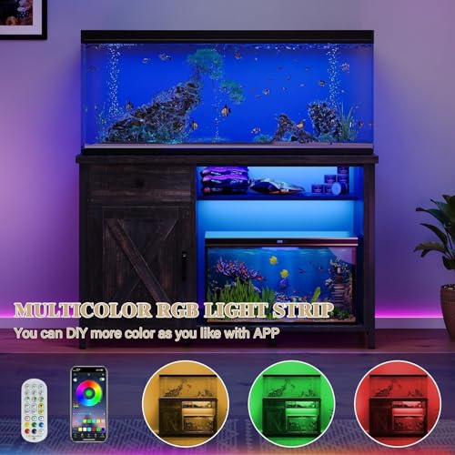 4ever2buy 55-75 Gallon Fish Tank Stand with Power Outlets, LED Light, Heavy Duty Aquarium Stand with Cabinet for Fish Tank Accessories Storage, for Turtle Tank, Reptile Terrarium, 1100LBS, Oak