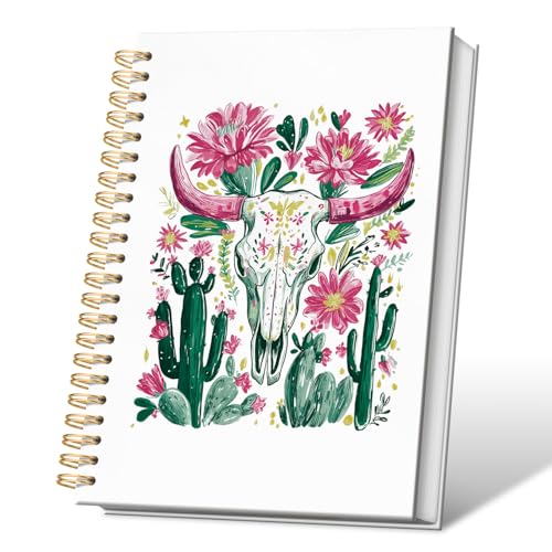 VONTP Boho Western Cow Skull Floral Spiral Notebook, 5.5x8.3 Inches