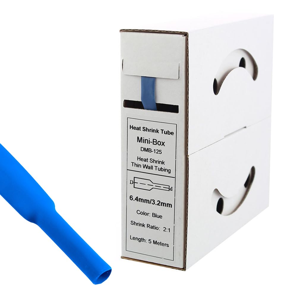 Offgridtec 5m Schrumpfschlauch mit Kleber 6,4mm > 3,2mm Schrumpfrate, Dual-Wand, Halogenfrei, Flammhemmend, Wasserdichte Kabelisolierung, Leicht zu Schneiden, Inklusive Spenderbox, blau