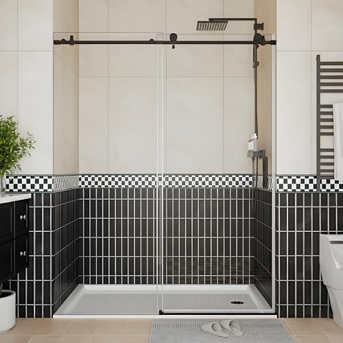 Image of Frameless Sliding Shower Door, 56-60 Inch Adjustable Width x 76 Inch Height, 1 /4 inch Tempered Safety Glass with Explosion-Proof Film, Waterproof Magnetic Seal Strip & Stainless Steel Handle, Matte Black