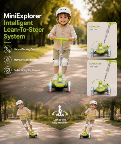 Image of MiniExplorer Zoomie Kids Kick Scooter with LED Wheels, 3 Wheel Scooter for Boys & Girls, Adjustable Height Handle, Foldable Lightweight Scooter for Kids Age 3+ Years - Dino