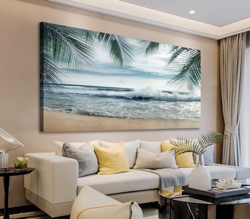arteWOODS Tropical Beach Canvas Wall Art - Ocean Waves Pictures Coastal Oceanic Blue Sky Sea Print Seaside Palm Tree Leaves Scene Painting Artwork Living Room Bedroom Office Home Decor 29" x 58"