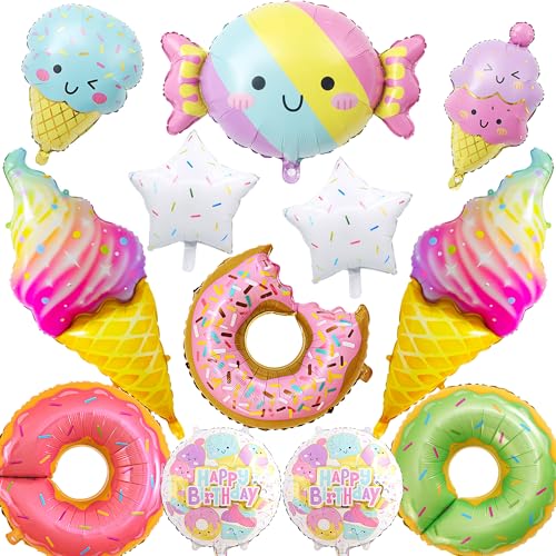 12 PCS Large Ice Cream Theme Balloons Donut & Candy Foil Mylar Balloons for Ice Cream Party Decorations Summer Birthday Baby Shower Supplies
