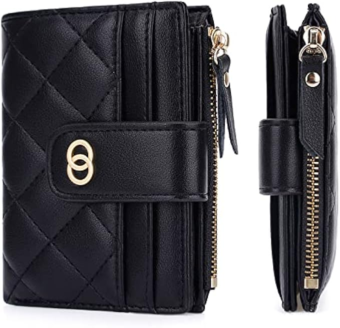 HKCLUF Small Wallets for Women,Minimalist Slim Leather Bifold Zipper Wallet Women Small Credit Card Holder Coin Purse Mini Wallet With ID Window(Black)