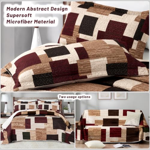 Image of Tyrot 3 Piece Brown Red Vintage Quilt Twin Size Red Bedding Set
