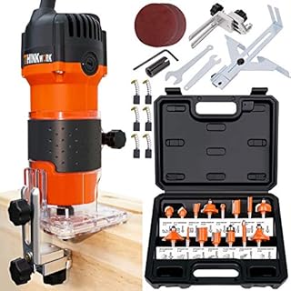 THINKWORK Compact Router, 6.5-Amp 1.25 HP Compact Wood Palm Router Tool Kit, Wood Trimmer with 15 pieces 1/4