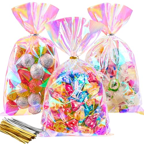 Ohuimrt Iridescent Cellophane Treat Bags, 6x10 Inches, 100 PCS