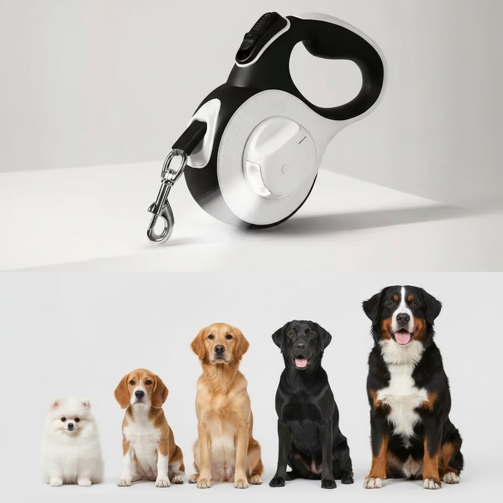 Automatic Retractable Dog Leash, 5m Extendable Lead with Night Light, One-Touch Brake, Aluminum U-Type Anti-Tangle Guide, Soft-Grip Handle
