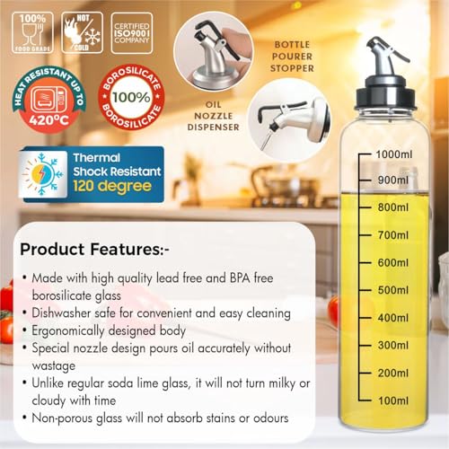 Image of SignoraWare Eze Flow Borosilicate Glass Oil Dispenser | Measurement Marking | Wide Bottleneck for Easy Reffiling | Lock Nozzle Lid | Essential oils | Grilling | Home & Restaurant use (1 ltr | Clear)