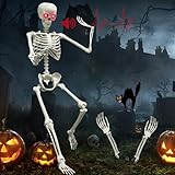 WODMAZ 5.4Ft Halloween Skeleton, Full Size Posable Skeleton with Glowing Eyes Creepy Sound, Full Body Life Size Skeleton and 2 Arm Stakes for Halloween Indoor Outdoor Haunted House Decorations