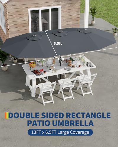 13FT umbrella outdoor patio,Double-Sided Rectangle Umbrella Oversized Shade for 2-6 People, Fade Resistant Canopy for Deck Pool Garden Backyard(Grey, 13FT)