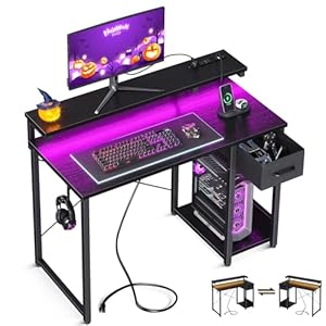 AODK Gaming Desk with LED Lights & Power Outlet, 40 Inch Computer Desk with Drawer, Reversible Desk with Adjustable Monitor Shelf & Headphone Hook for Home Office, Black