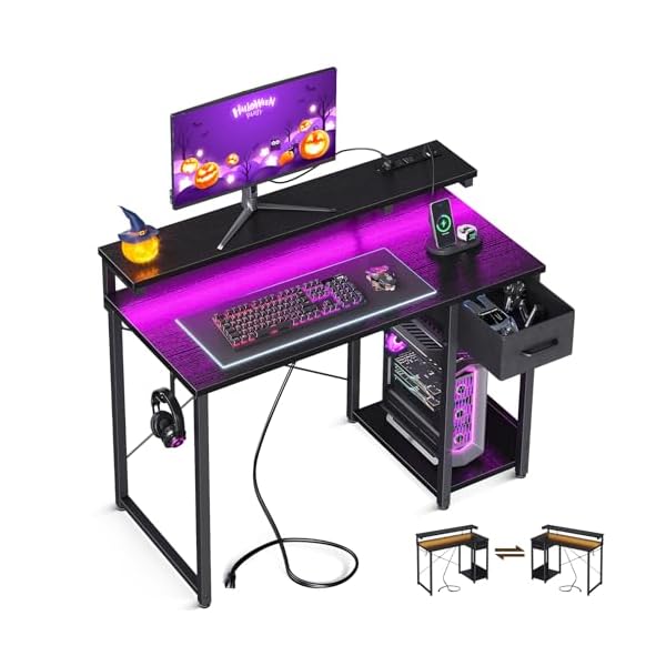 AODK Gaming Desk with LED Lights & Power Outlet, 40 Inch Computer Desk with Drawer, Reversible Desk with Adjustable Monitor Shelf & Headphone Hook for Home Office, Black